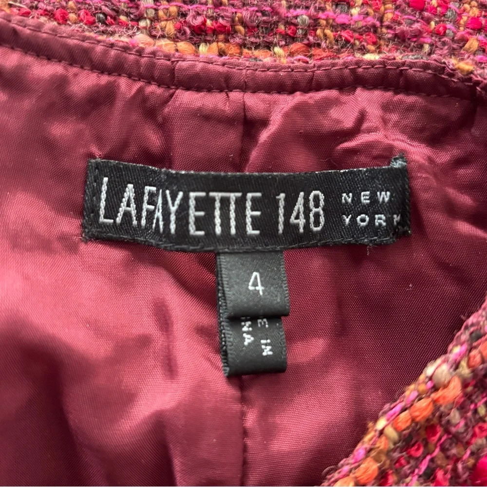 Lafayette 148 New York Tweed Midi Skirt Red Purple Flounce Hem Size 4